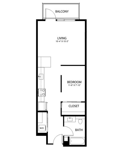 A floor plan of an apartment with a living room, bedroom, closet, and bathroom.